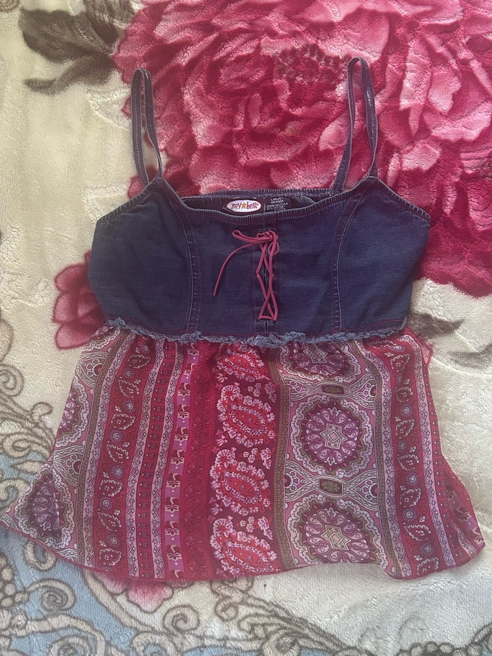 Denim Bodice Paisley-Print Spaghetti Strap Camisole in Navy and Pink